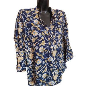 Cotton World Blue Floral Half Button Blouse 3/4 Sleeve Top Size S